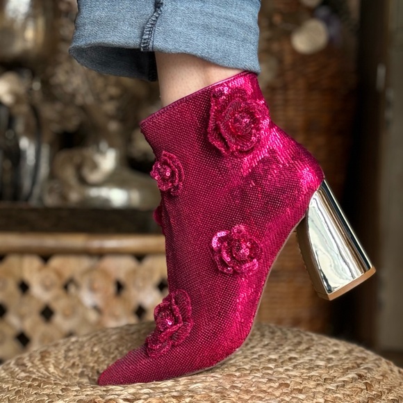 Betsey Johnson Shoes - Elegant Pink Sequin Women's Boots with Silver Heels